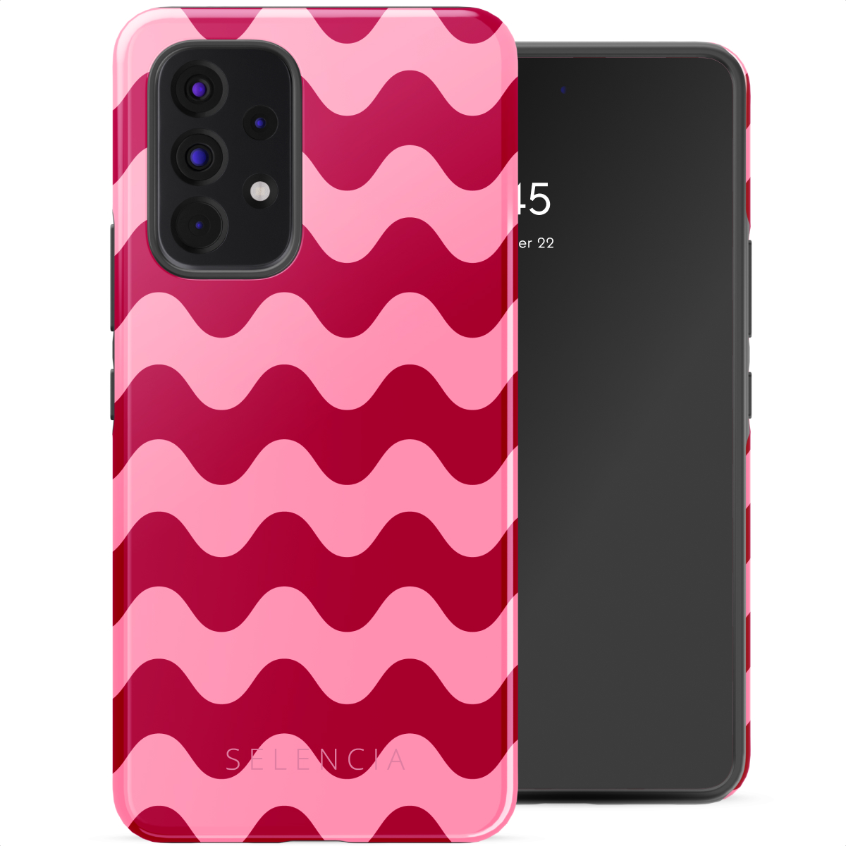 Un telefono con una custodia a motivi di onde rosa e uno schermo nero.