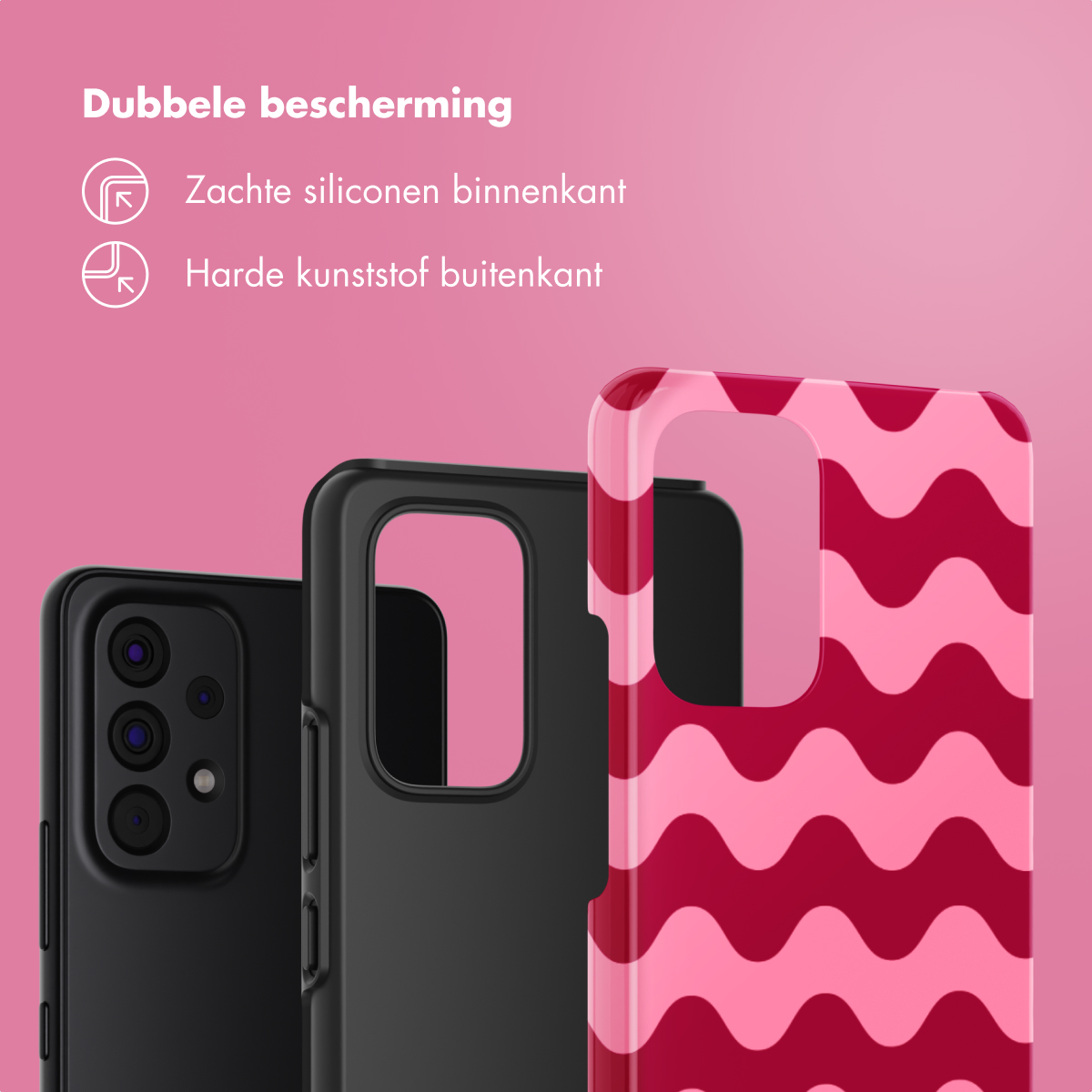 Tre custodie per telefono. Etichette: doppia protezione, silicone morbido all'interno, plastica dura all'esterno.
