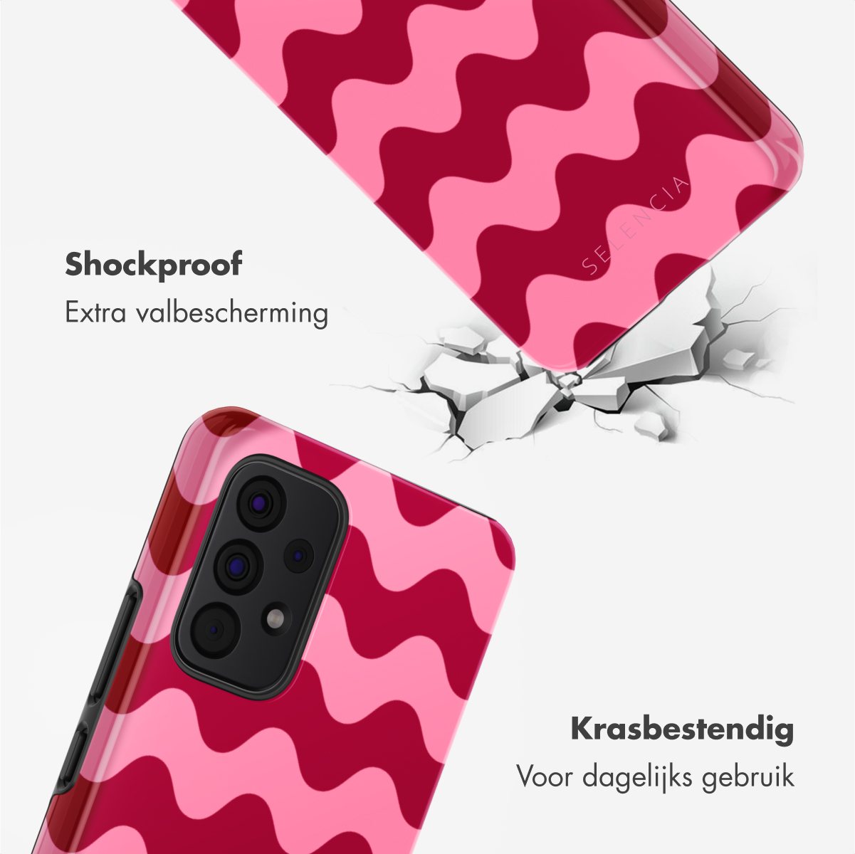 Custodia per telefono con un design ondulato rosa e rosso, con superficie incrinata e testo antiurto.