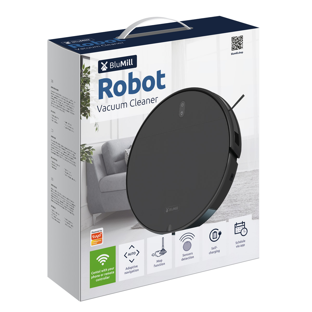 Un robot aspirateur BluMill dans sa boîte, présentant ses fonctions de chargement automatique, de nettoyage et de contrôle par application.