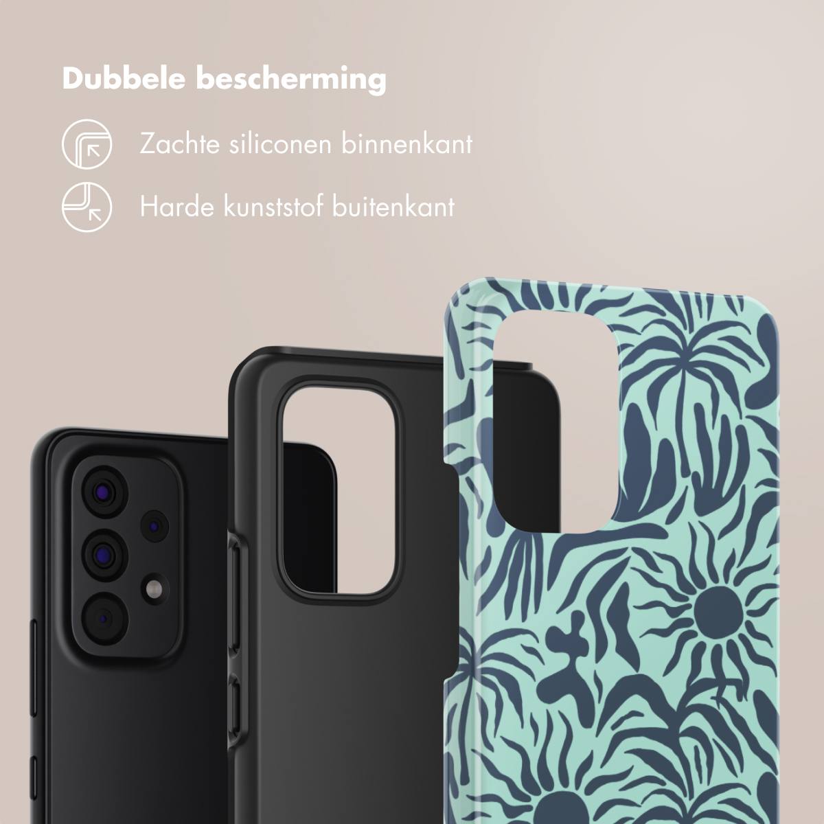 Vengono mostrati tre telefoni, evidenziando la protezione a doppio strato con silicone morbido all'interno e plastica dura all'esterno.