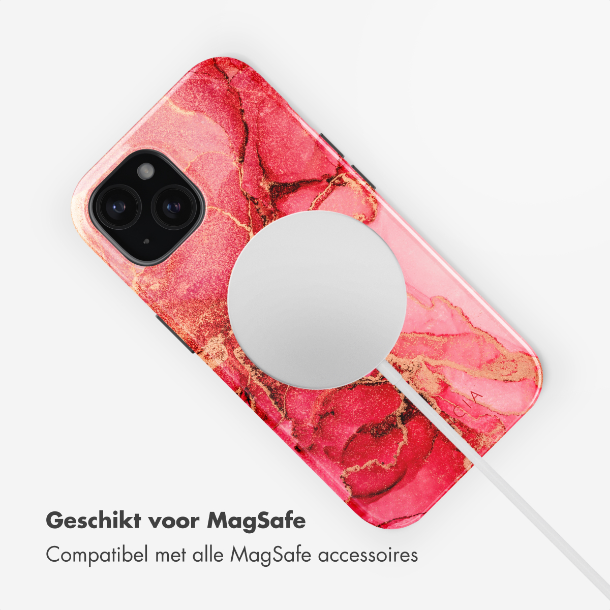 Phone with a red marble case. White MagSafe charger attached. Text: suitable for MagSafe.