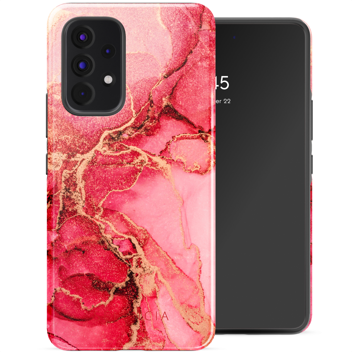 Telefono con custodia rosa e oro effetto marmo, che mostra il design del telefono.