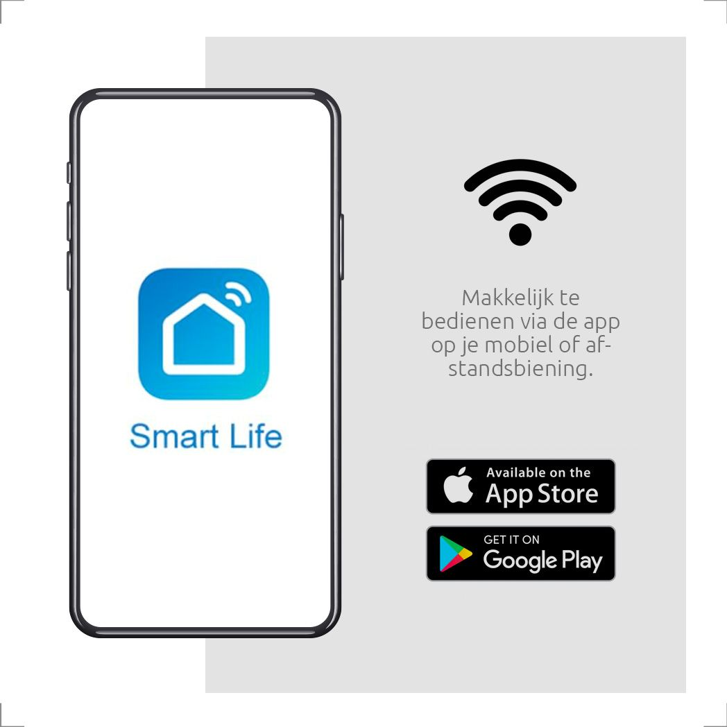 Smartphone met een Smart Life app-logo en beschikbaar in de App Store en Google Play.