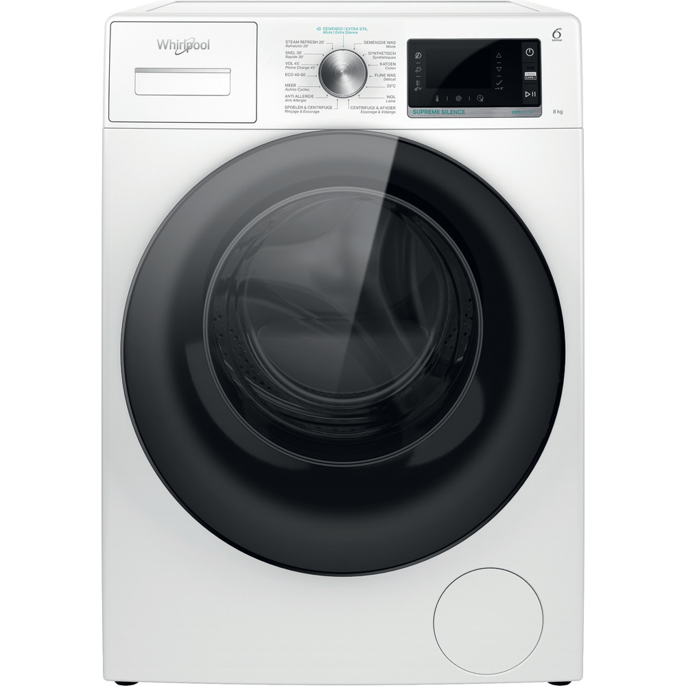 Lavatrice Whirlpool bianca, vista frontale, porta nera, pannello comandi e display digitale. Sfondo bianco.