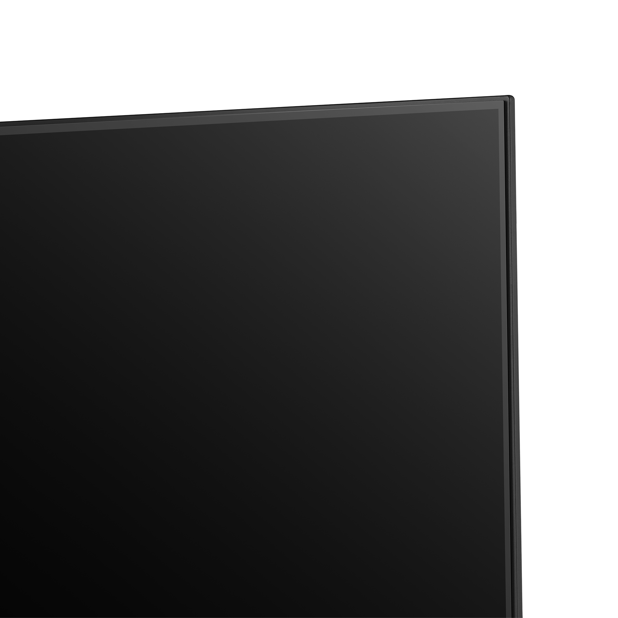 Zbliżenie czarnego ekranu telewizora z cienką czarną ramką, na białym tle.