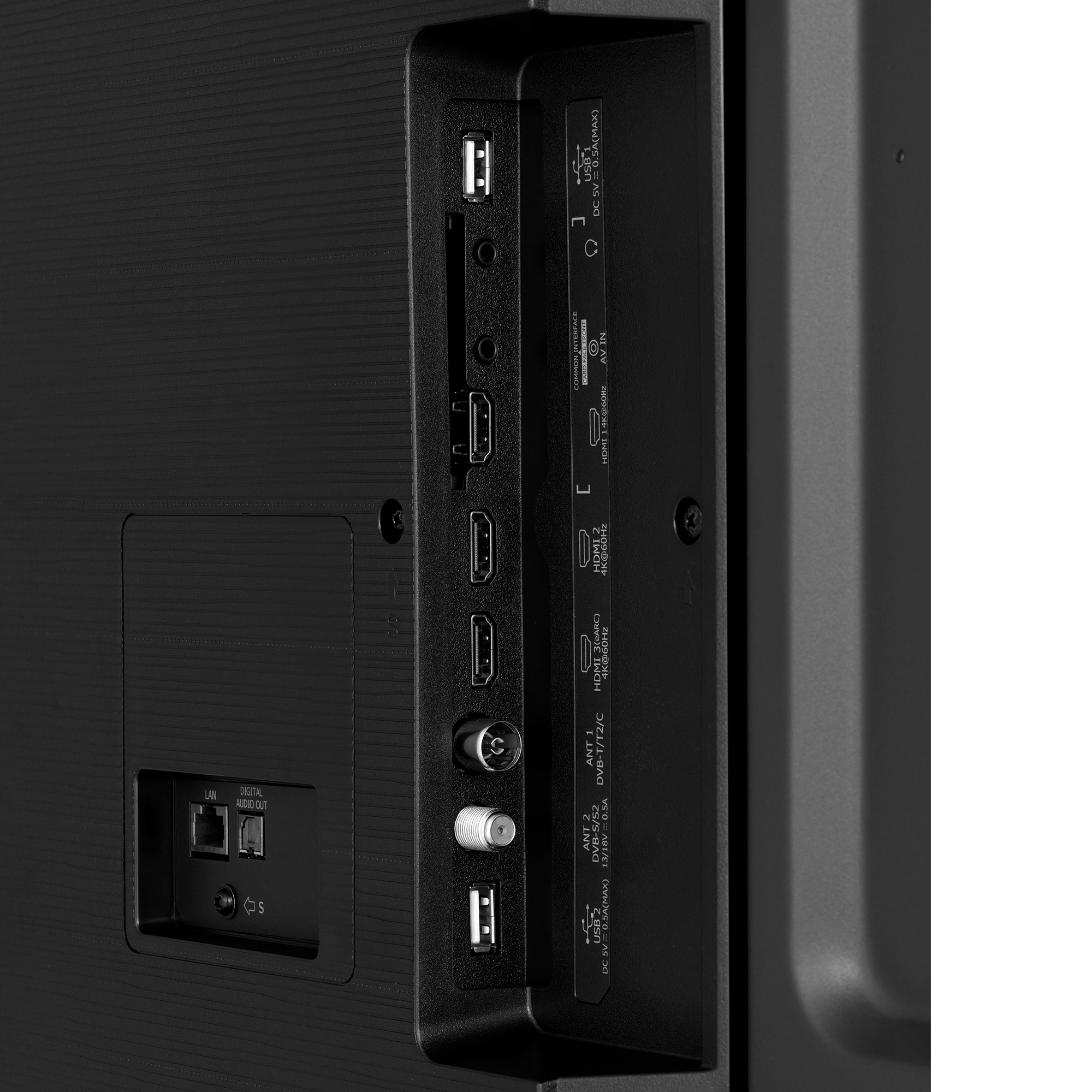 Zbliżenie tylnej części telewizora z różnymi portami, w tym HDMI, USB i LAN, z widocznymi etykietami.