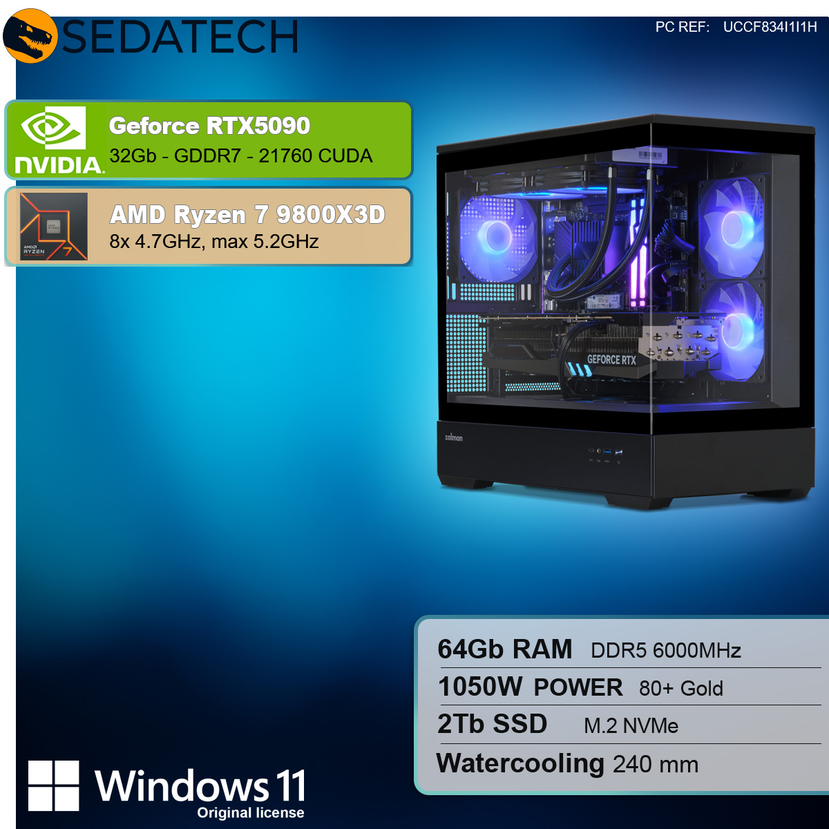 Configurazione gaming PC con case nero, luci LED e componenti. Testo promozionale e logo Windows 11.