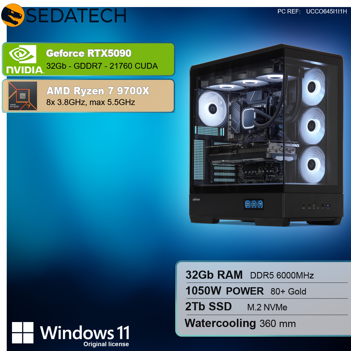 PC gaming con pannello laterale aperto che mostra componenti, specifiche e loghi.