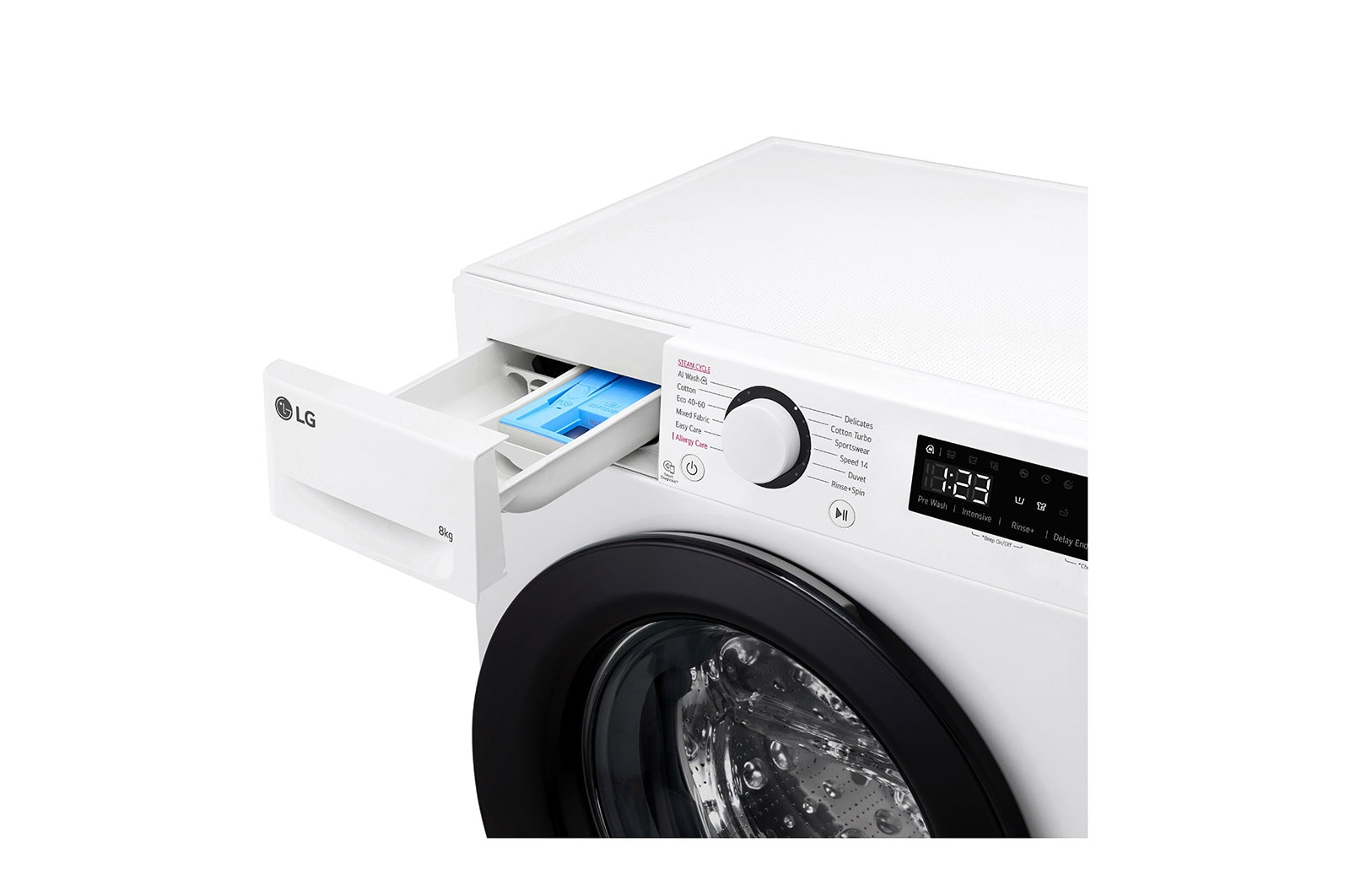 Biała pralka LG. Szuflada na proszek otwarta, widać detergent.