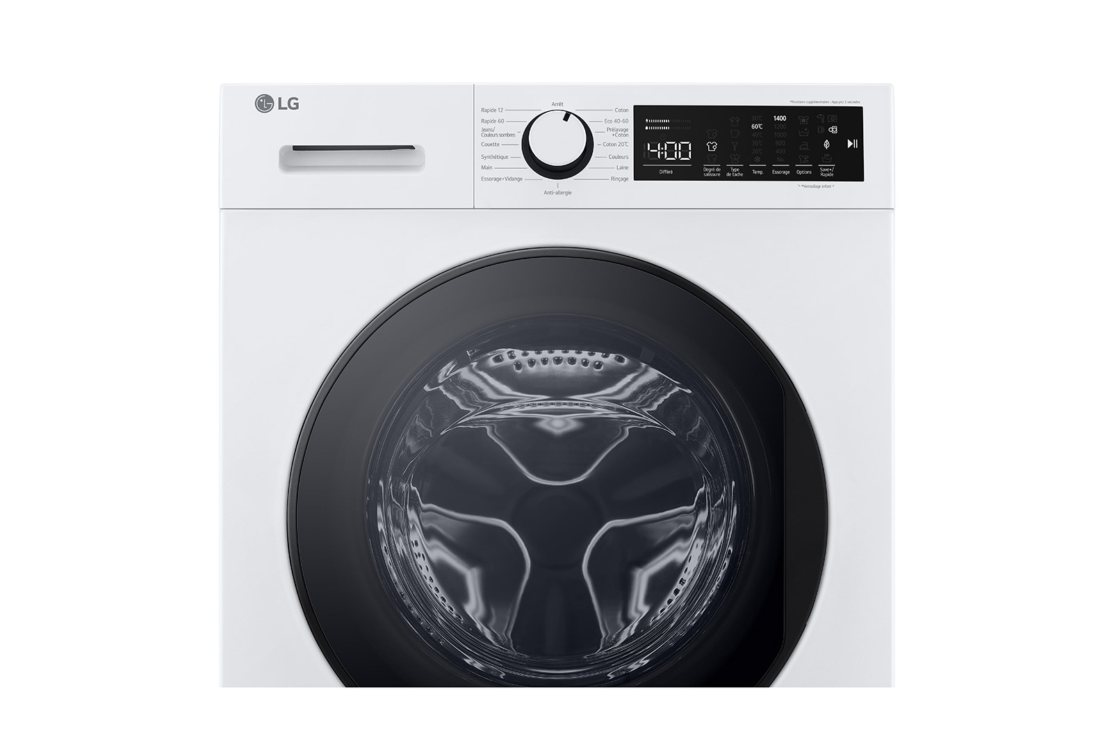 Lavatrice LG bianca, vista frontale, con porta nera. Il display mostra 4:00. Il logo del marchio è LG.