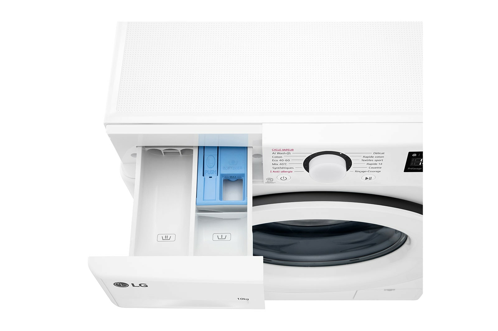 Lavatrice LG bianca con cassetto detersivo aperto. Scomparto blu visibile.