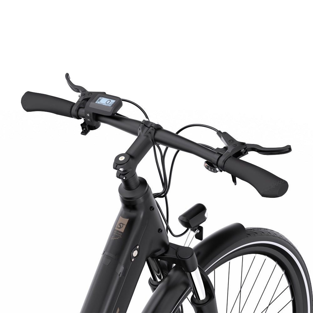 Manillar de bicicleta eléctrica negra. Pantalla, frenos y puños son visibles.