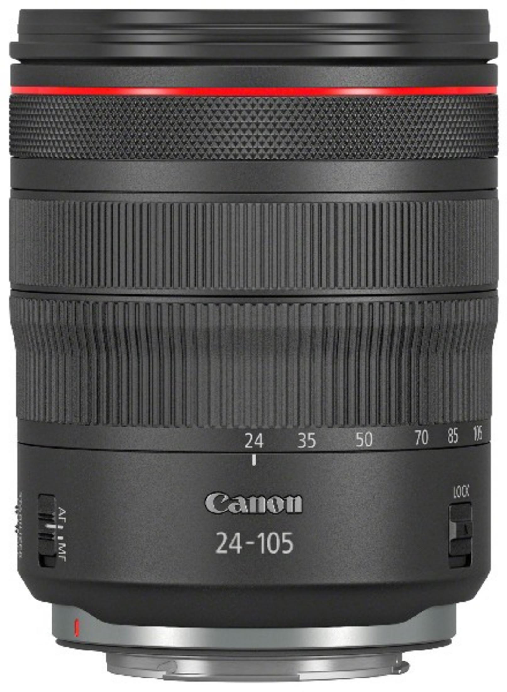Obiettivo Canon 24-105mm nero con anello rosso. Anelli di messa a fuoco e zoom visibili.