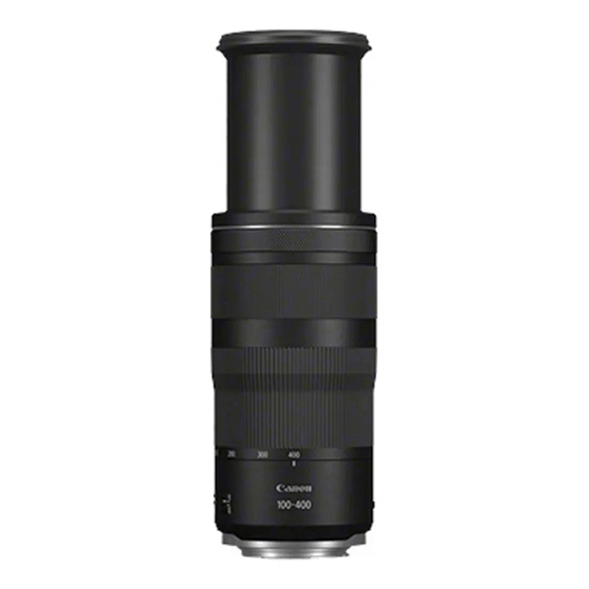 A long, black camera lens with Canon 100-400 markings. It is cylindrical and has adjustment rings.