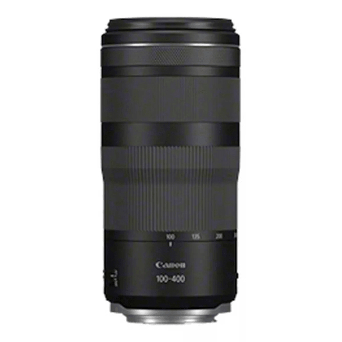 Canon camera lens, black, cylindrical with adjustable rings and markings for focal lengths.