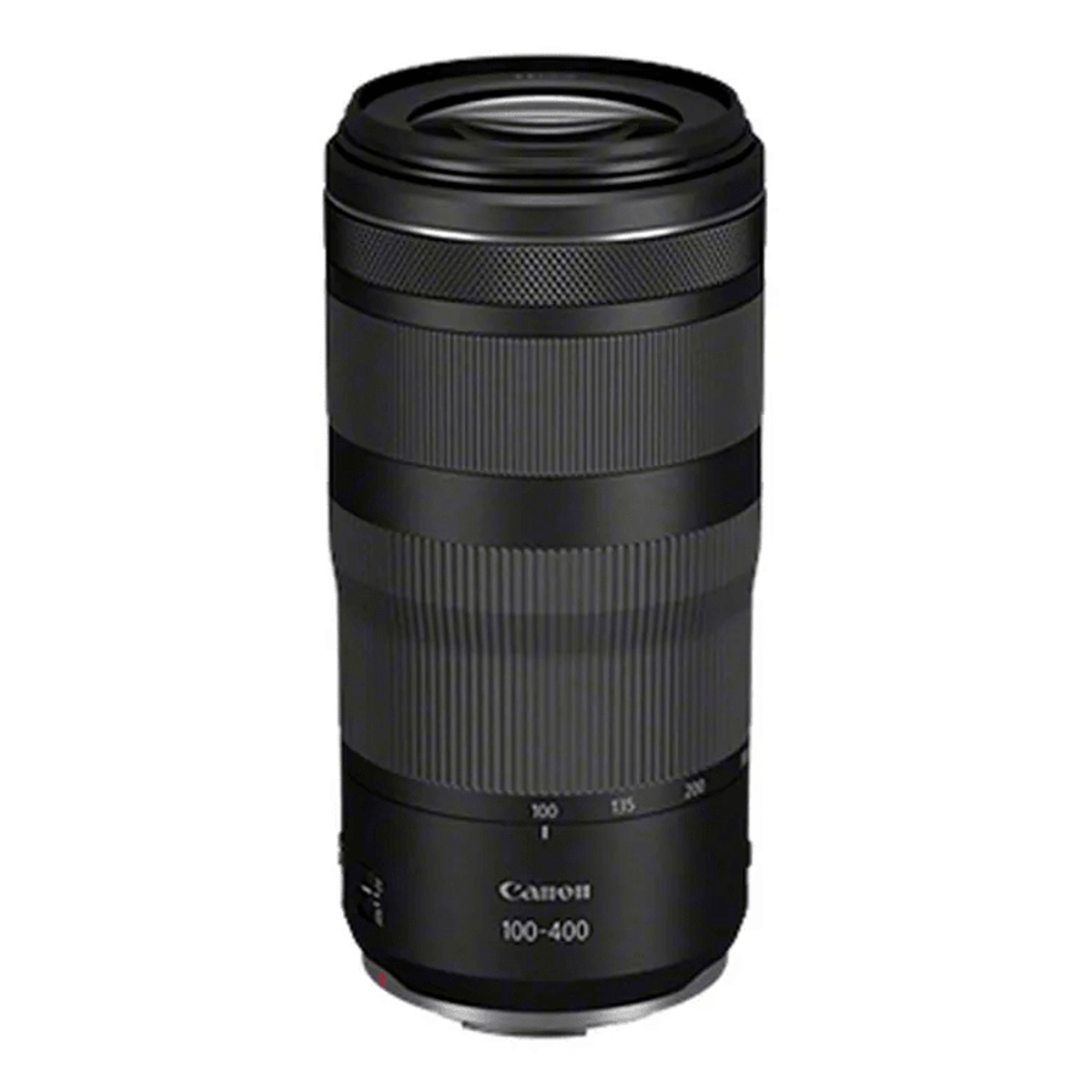 A black Canon camera lens. It has a cylindrical shape, with ribbed and smooth sections.