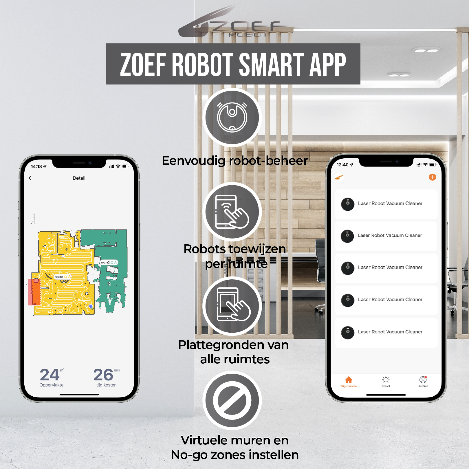 Screenshots of a smartphone app with robot vacuum control and floor plan.