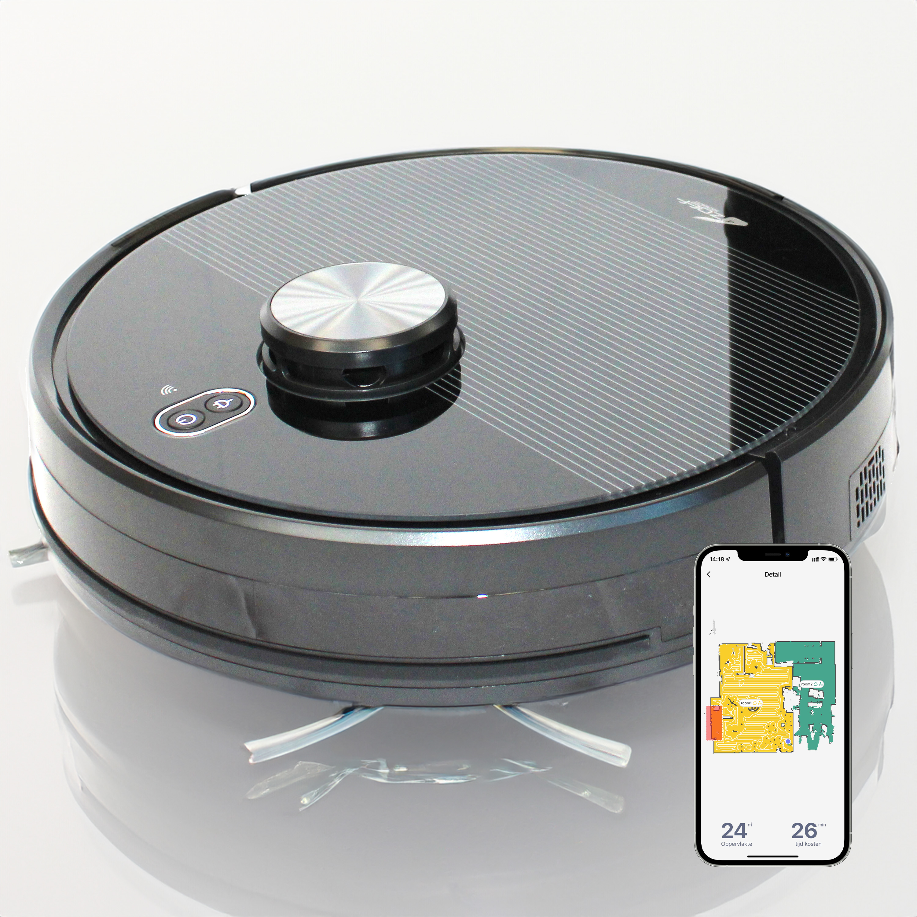 Black robot vacuum cleaner with a smartphone displaying a room map.