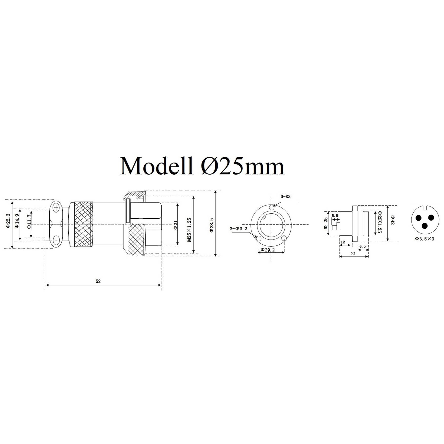 Technische Zeichnung eines Steckers, beschriftet mit Abmessungen und Modelldetails.