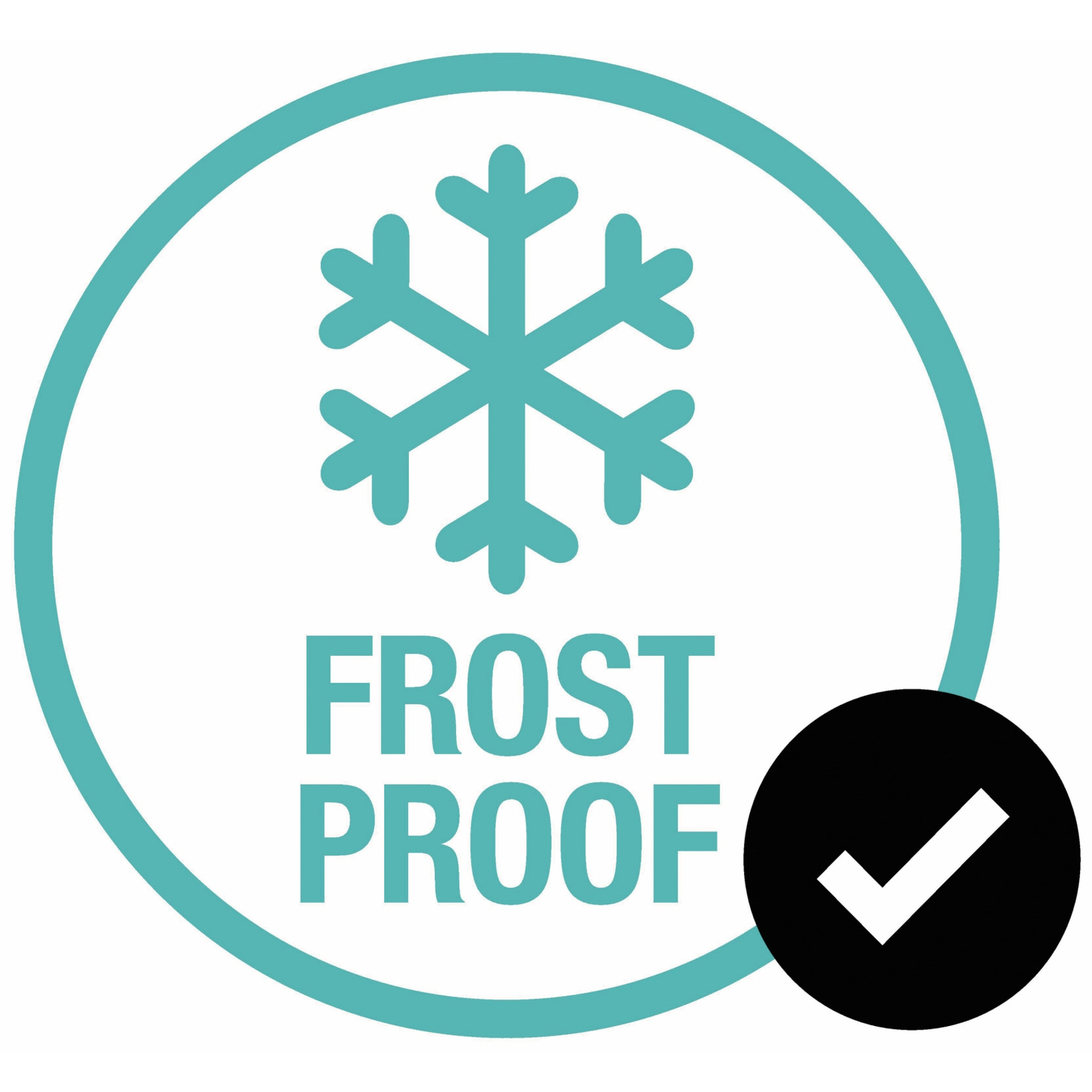 Een cirkel in blauwgroen met de woorden 'Frost Proof' en een sneeuwvlok. Een zwart vinkje staat aan de zijkant.