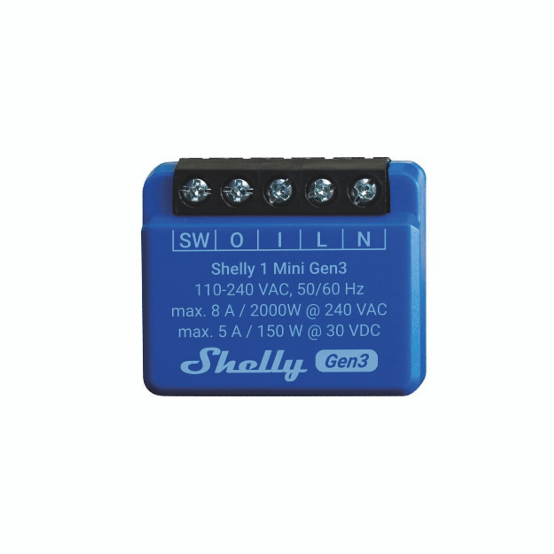 Shelly 1 Mini Gen3 Smart Relay Gerät. Blaues rechteckiges Gehäuse mit Text und Schraubklemmen.