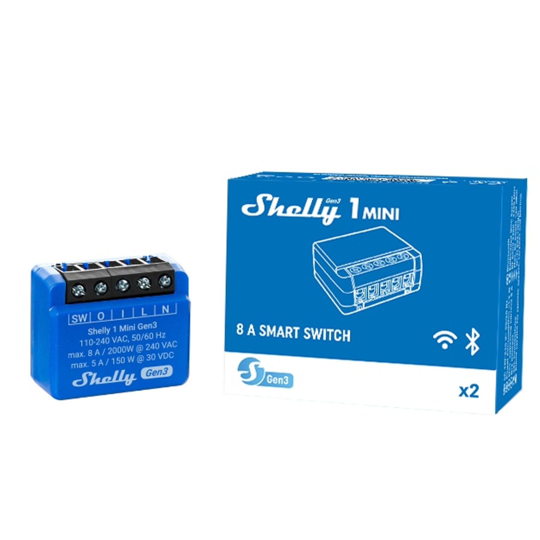 Blauer Shelly 1 Mini Smart Switch und seine Verpackung, mit Logo und Spezifikationen.
