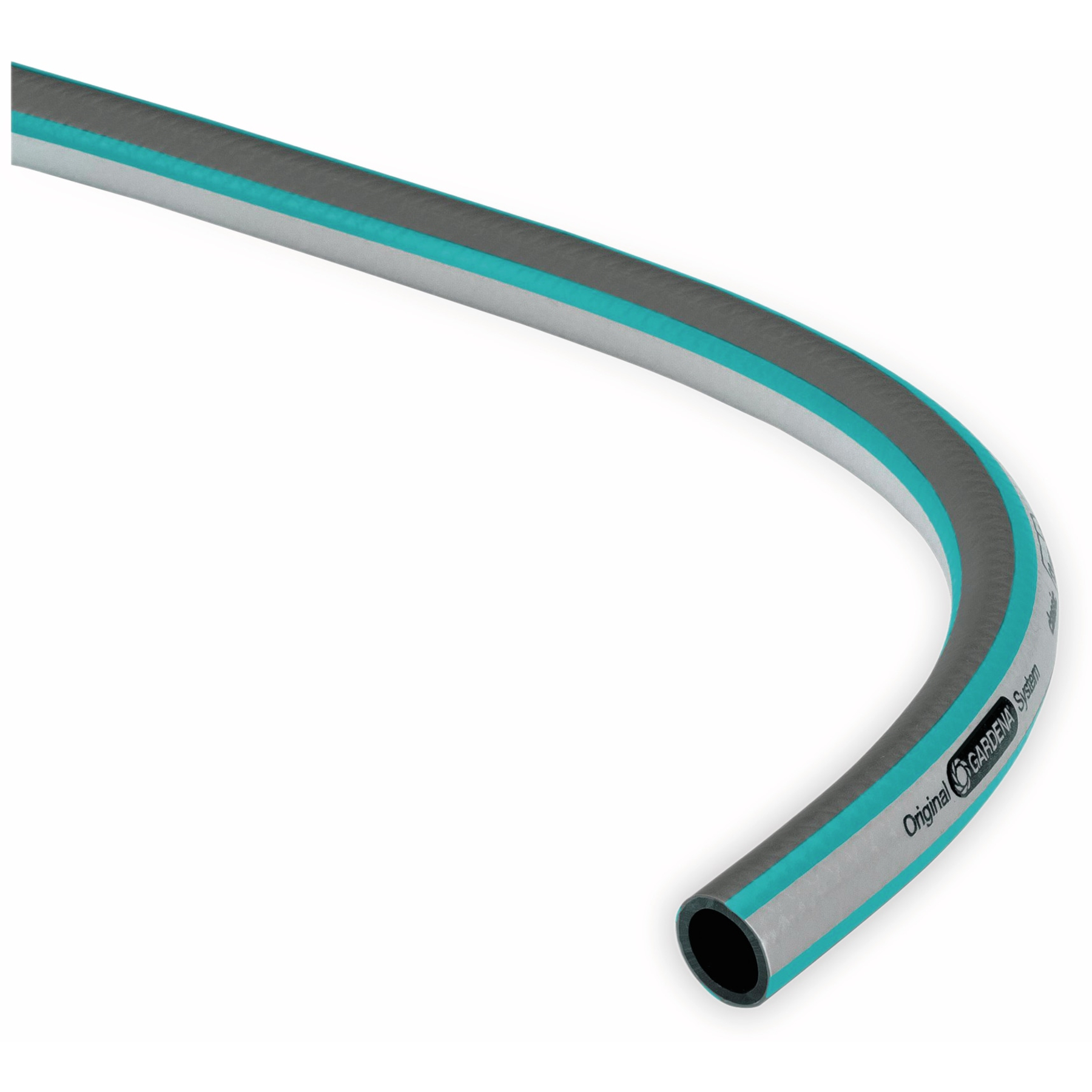 Zakrzywiony wąż ogrodowy, srebrny i niebiesko-zielony. Wąż jest zgięty, pokazując koniec i logo Gardena.