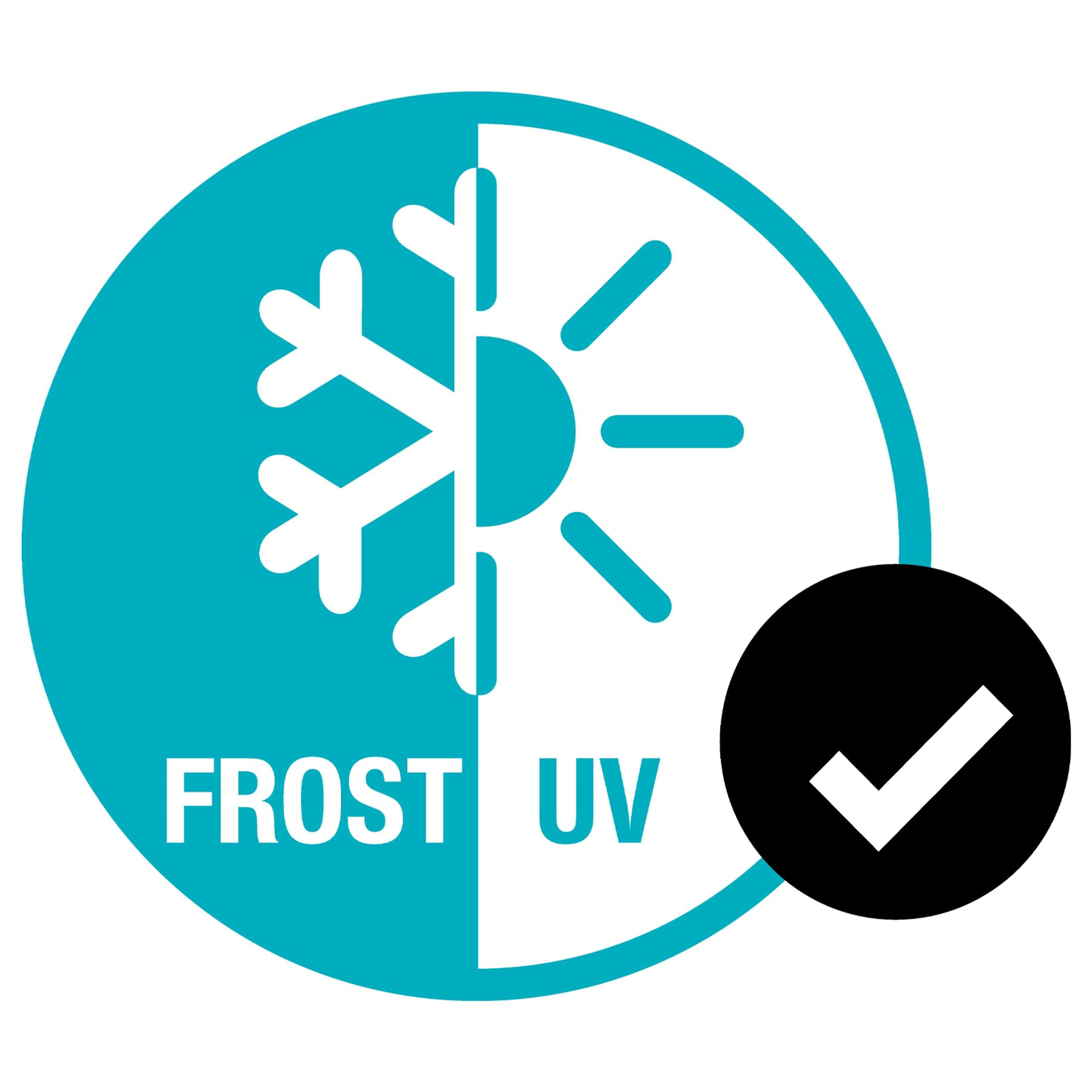 Symbol płatka śniegu i słońca ze słowami 'FROST UV' i znakiem wyboru na czarnym okręgu.
