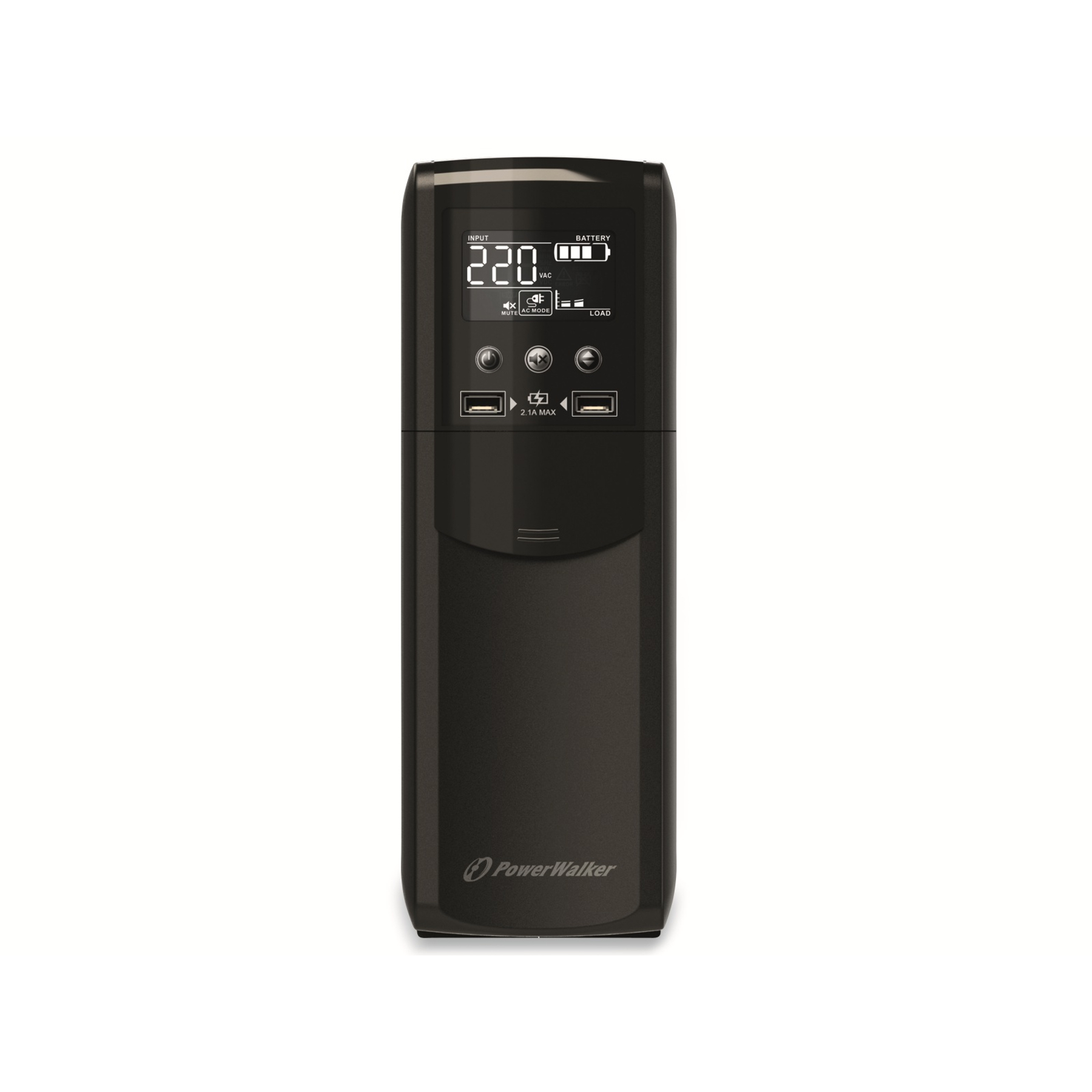 Schwarzes USV-Gerät mit Display, das Eingangsspannung, Batteriestatus und Last anzeigt.