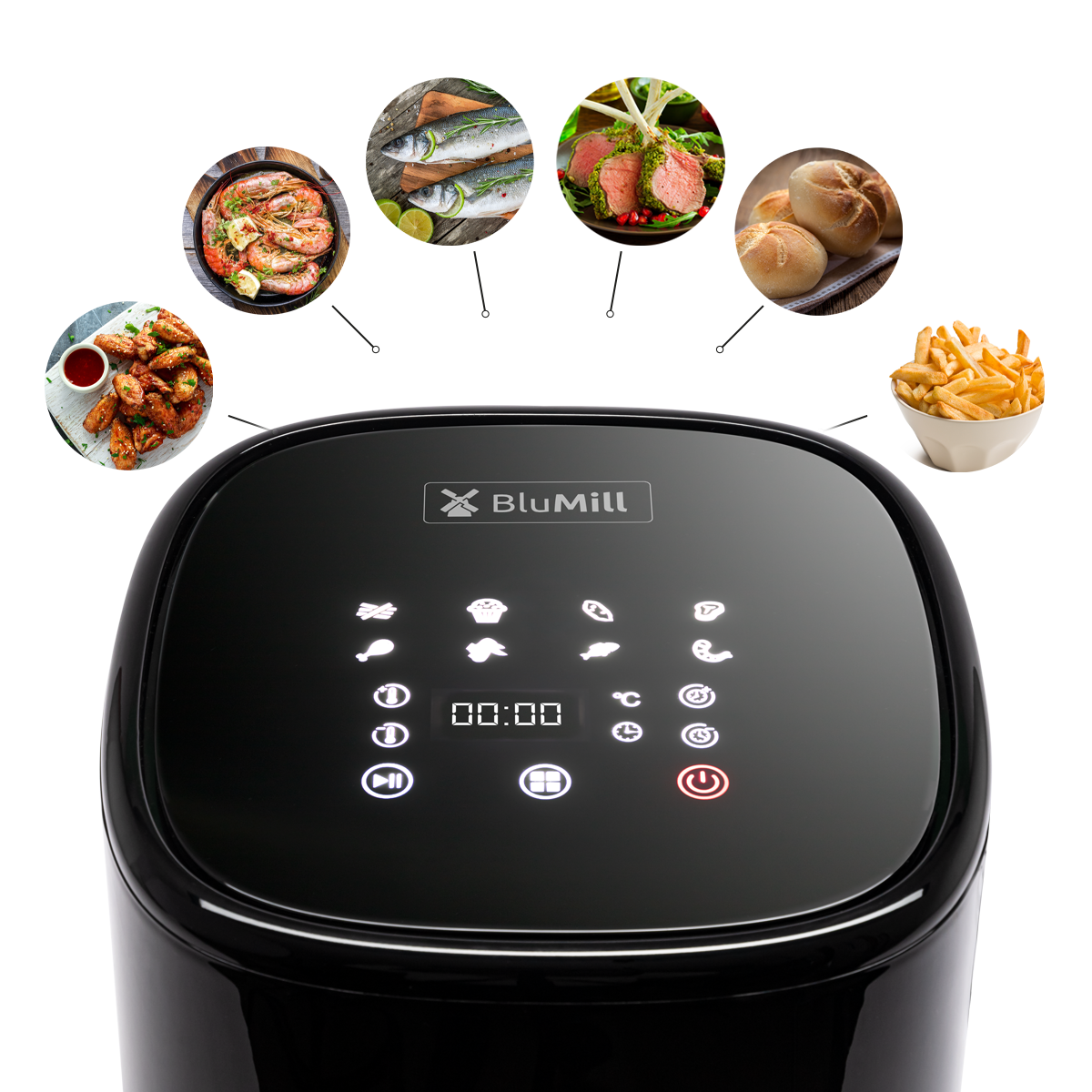 Airfryer met bedieningspaneel en afbeeldingen van verschillende voedingsmiddelen.