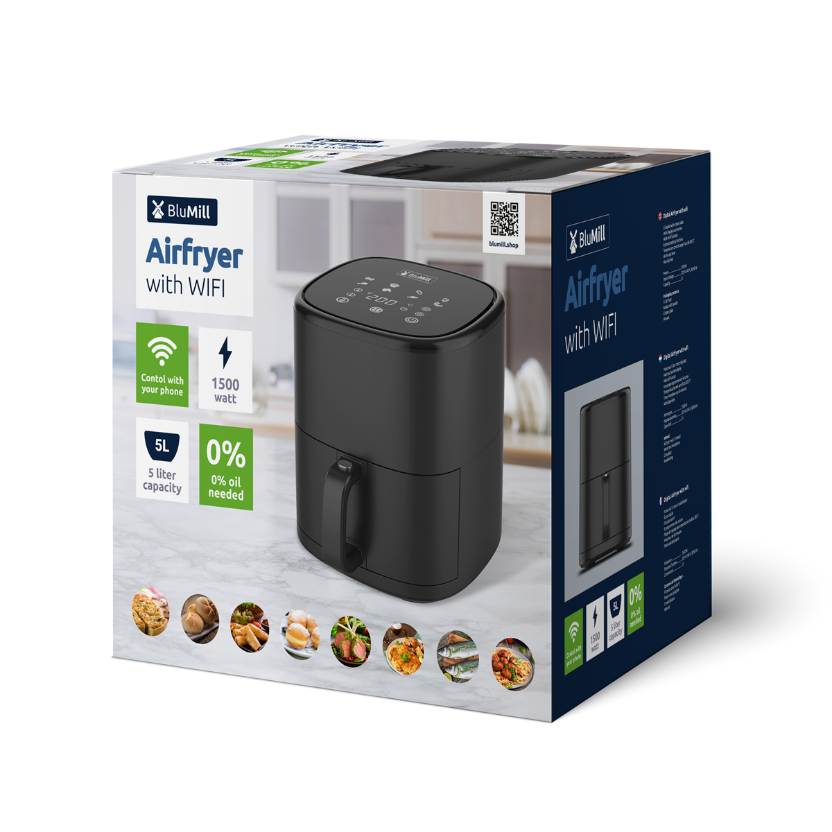 Zwarte airfryer op de doos met tekst en afbeeldingen van eten. Het heeft een handvat en digitaal display.