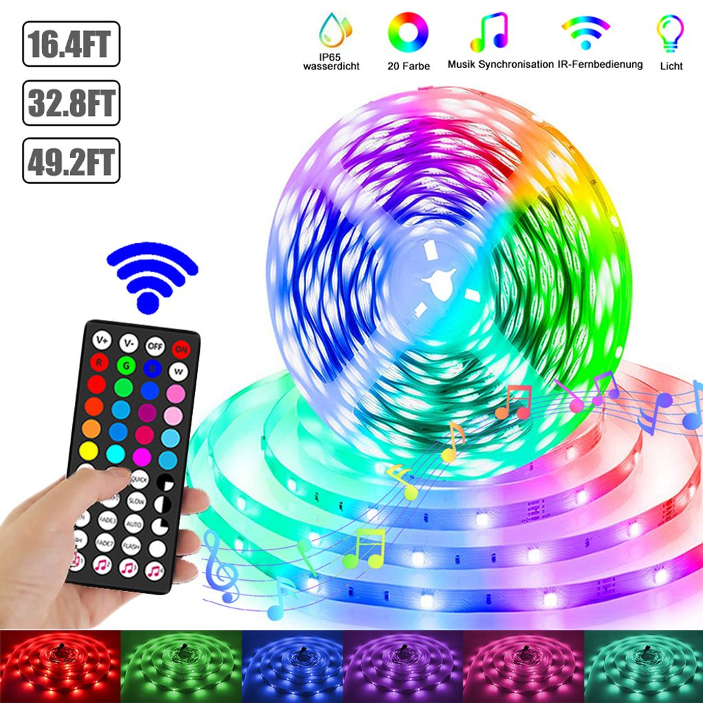 Eine Rolle LED-Streifenlichter mit Fernbedienung und Symbolen für Farben, Musik-Sync und Wasserdichtigkeit.