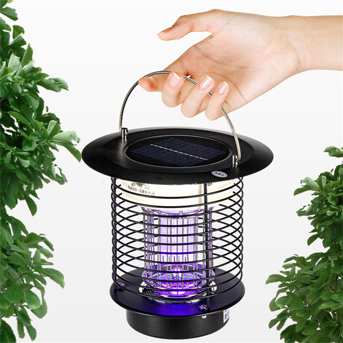 Eine Hand, die einen schwarzen Insektenvernichter hält. Es hat ein lila Licht und einen Metallkäfig. Auf beiden Seiten grüne Pflanzen.