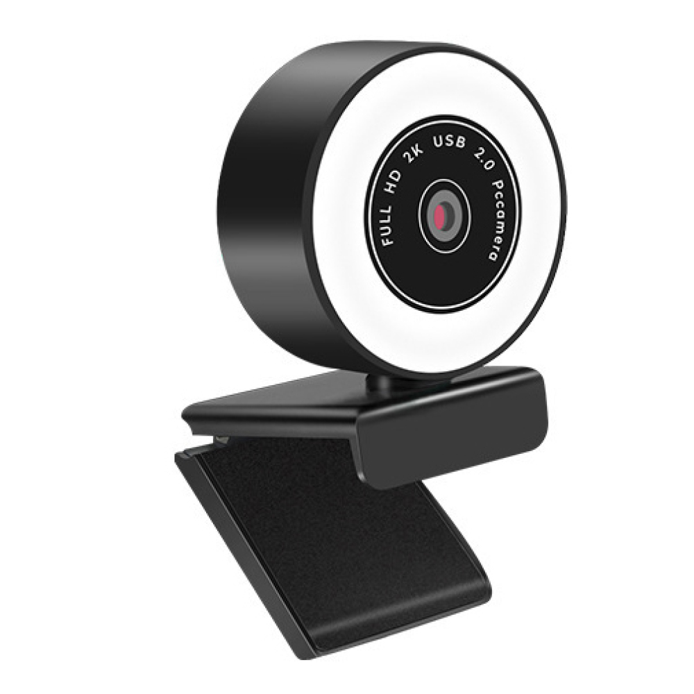 Webcam mit Ringlicht und schwarzem Clip. Die Webcam hat einen schwarzen Körper und weißes Licht.