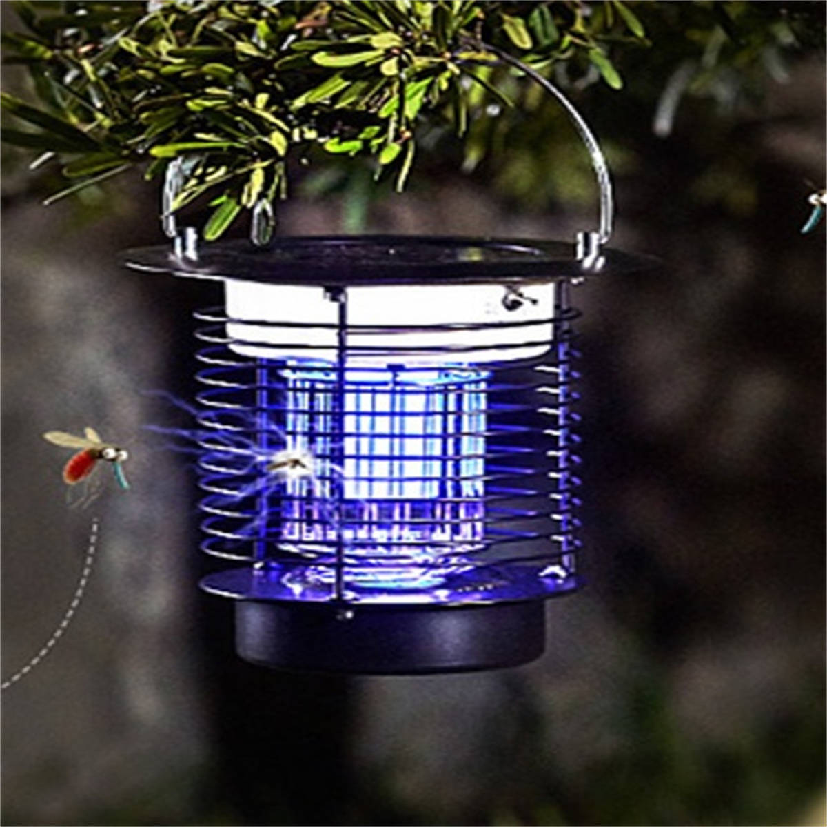 Eine schwarze Insektenvernichterlampe, die blaues Licht aussendet, mit einer Mücke in der Nähe. Dunkler Hintergrund.