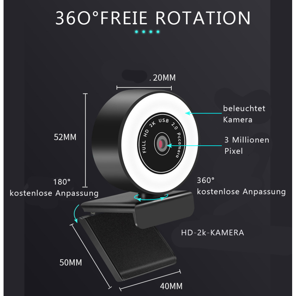 Schwarze Webcam, HD 2K, mit verstellbarem Ständer, Maßangaben und Text.