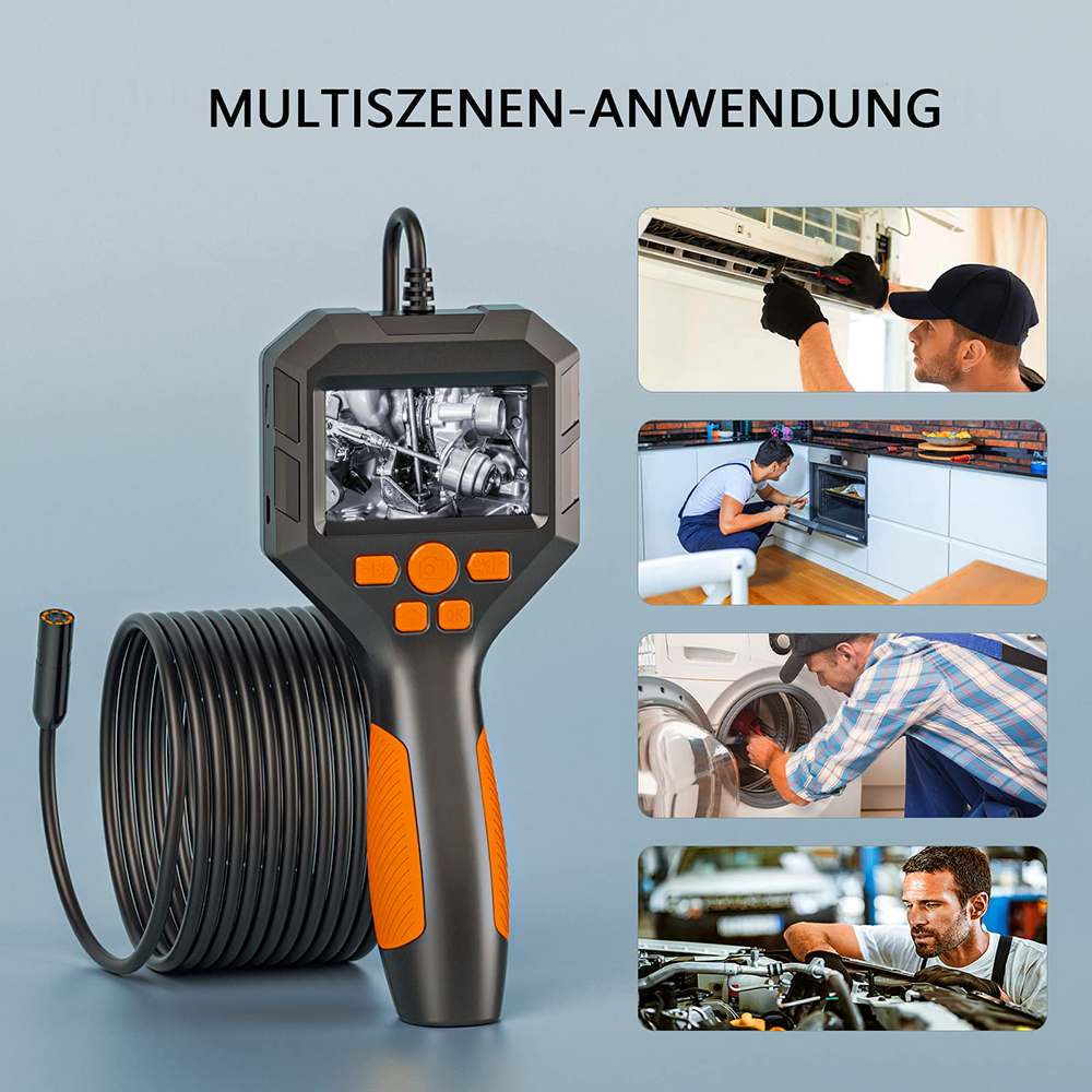 Eine Hand-Inspektionskamera mit schwarzem Gehäuse und orangefarbenen Akzenten, die verschiedene Anwendungsszenen zeigt.