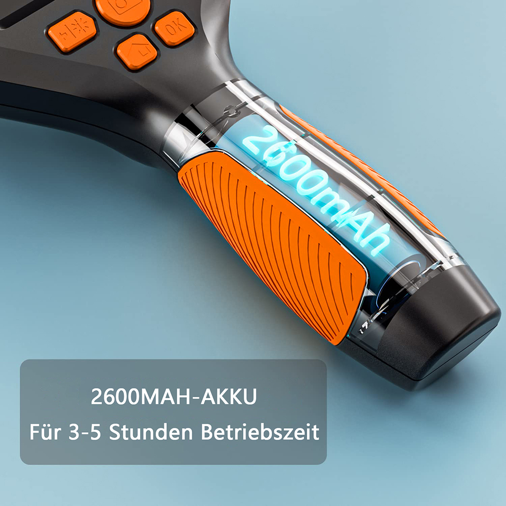 Ein schwarz-oranges Gerät mit Fenster, das einen 2600mAh Akku, Knöpfe und ein Display zeigt.