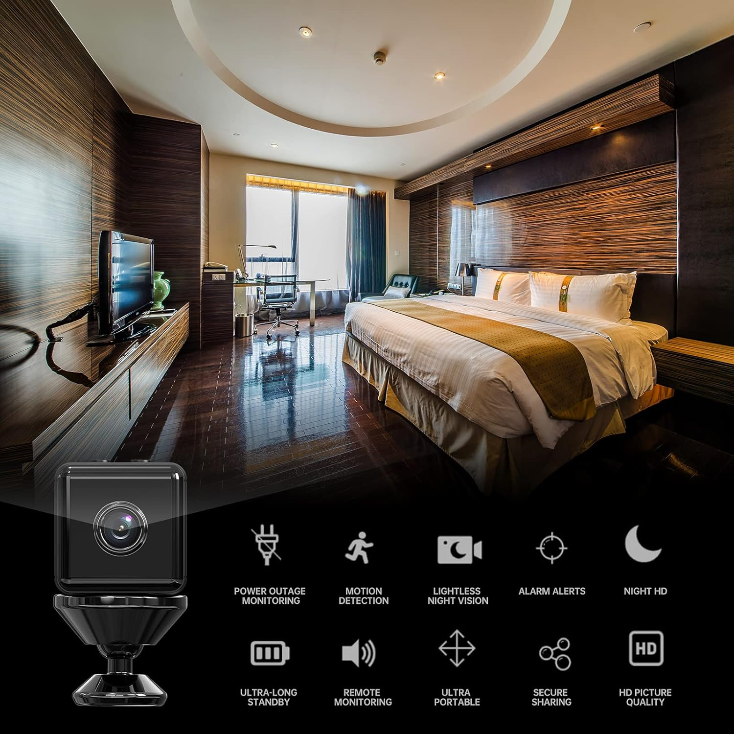 Ein Hotelzimmer mit einer kleinen schwarzen Kamera, die Überwachungsfunktionen und Symbole zeigt.