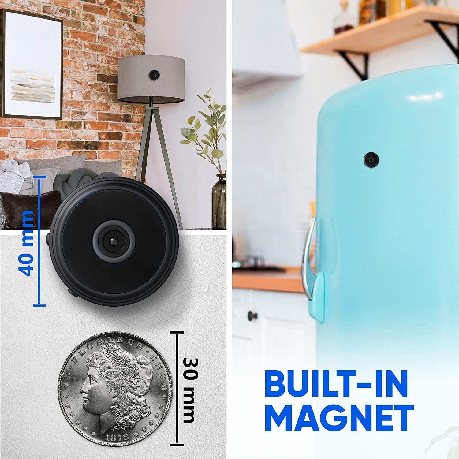 Bild einer Spionagekamera mit einer 30-mm-Münze zum Größenvergleich. Die Worte eingebauter Magnet sind zu sehen.