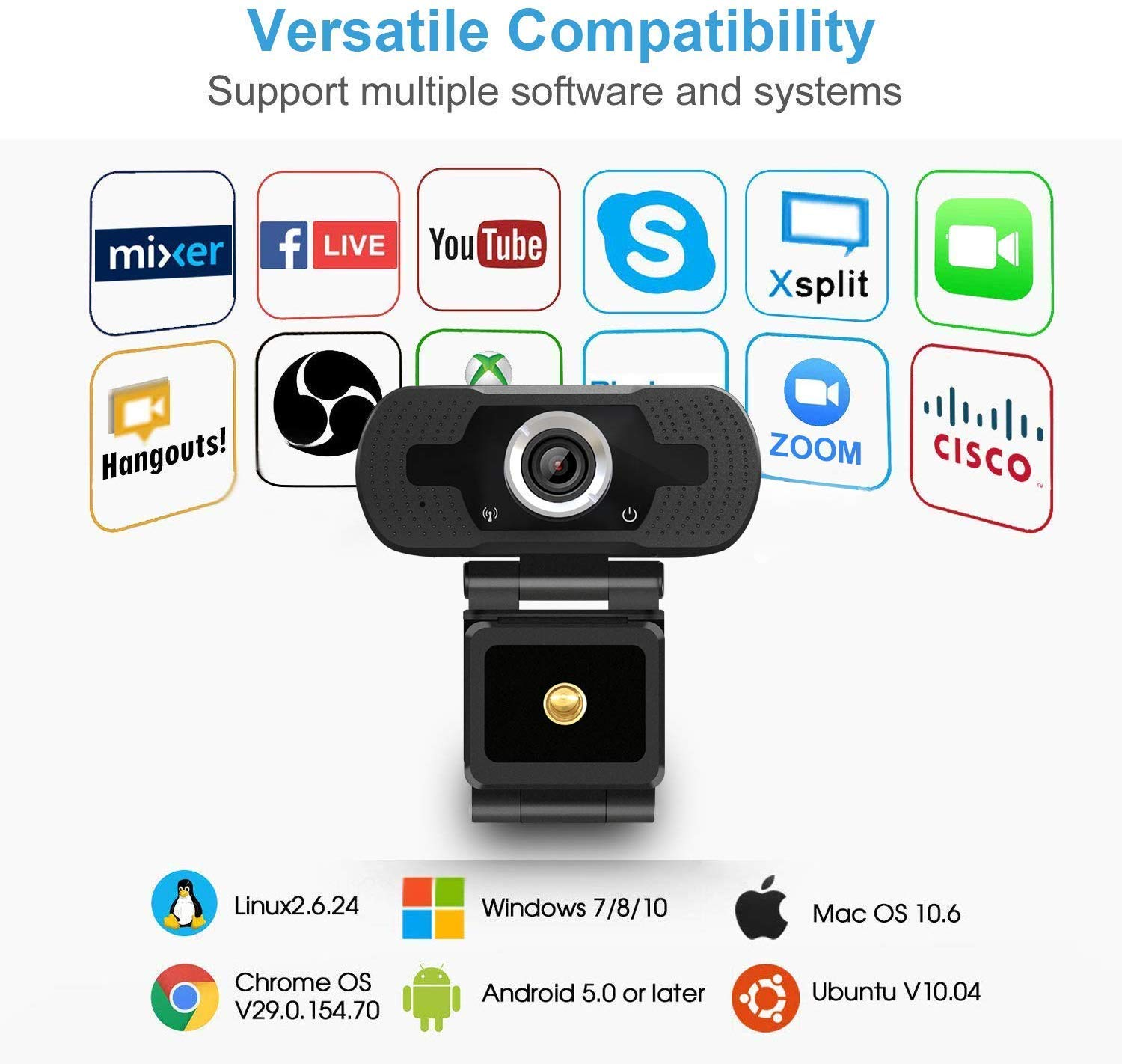 Webcam mit Symbolen für mehrere Software- und Systemkompatibilitäten, einschließlich Mixer, Facebook, YouTube, Zoom und anderen.