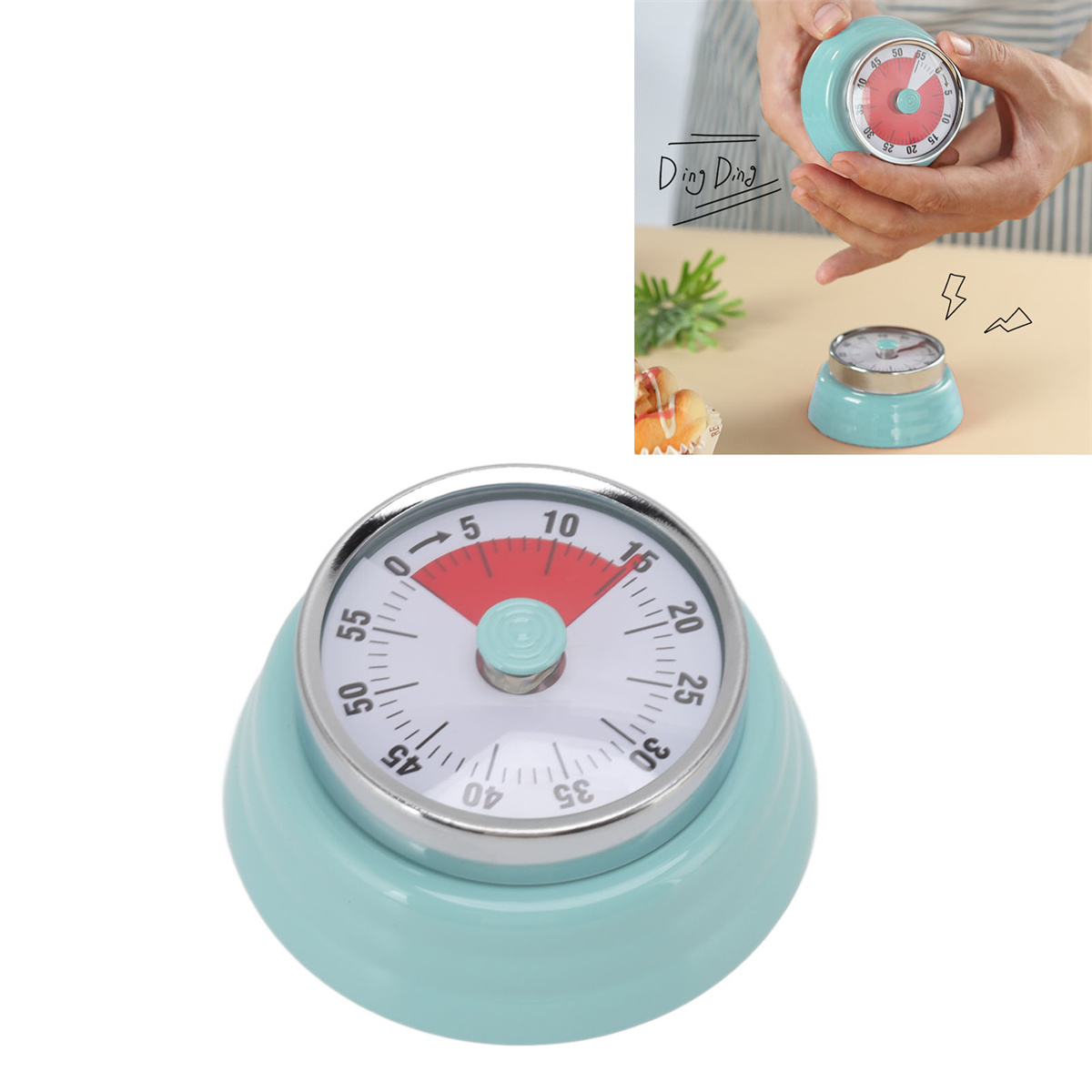 Ein türkisfarbener Küchentimer mit rotem und weißem Zifferblatt. Darüber ist eine Zeichnung des Timers zu sehen.