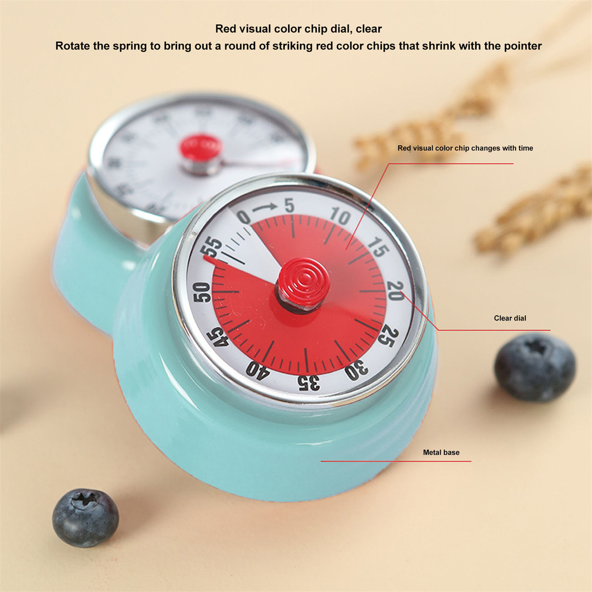 Zwei türkisfarbene Küchentimer mit roten Zifferblättern und Blaubeeren.