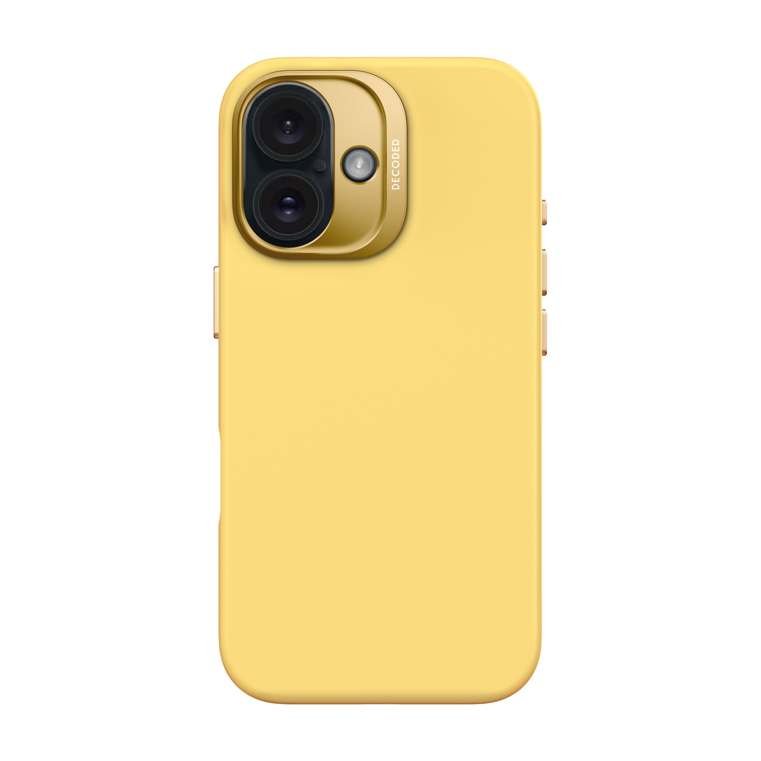 Geel telefoonhoesje met gouden cameralens. De hoes is effen, de lens is goud.