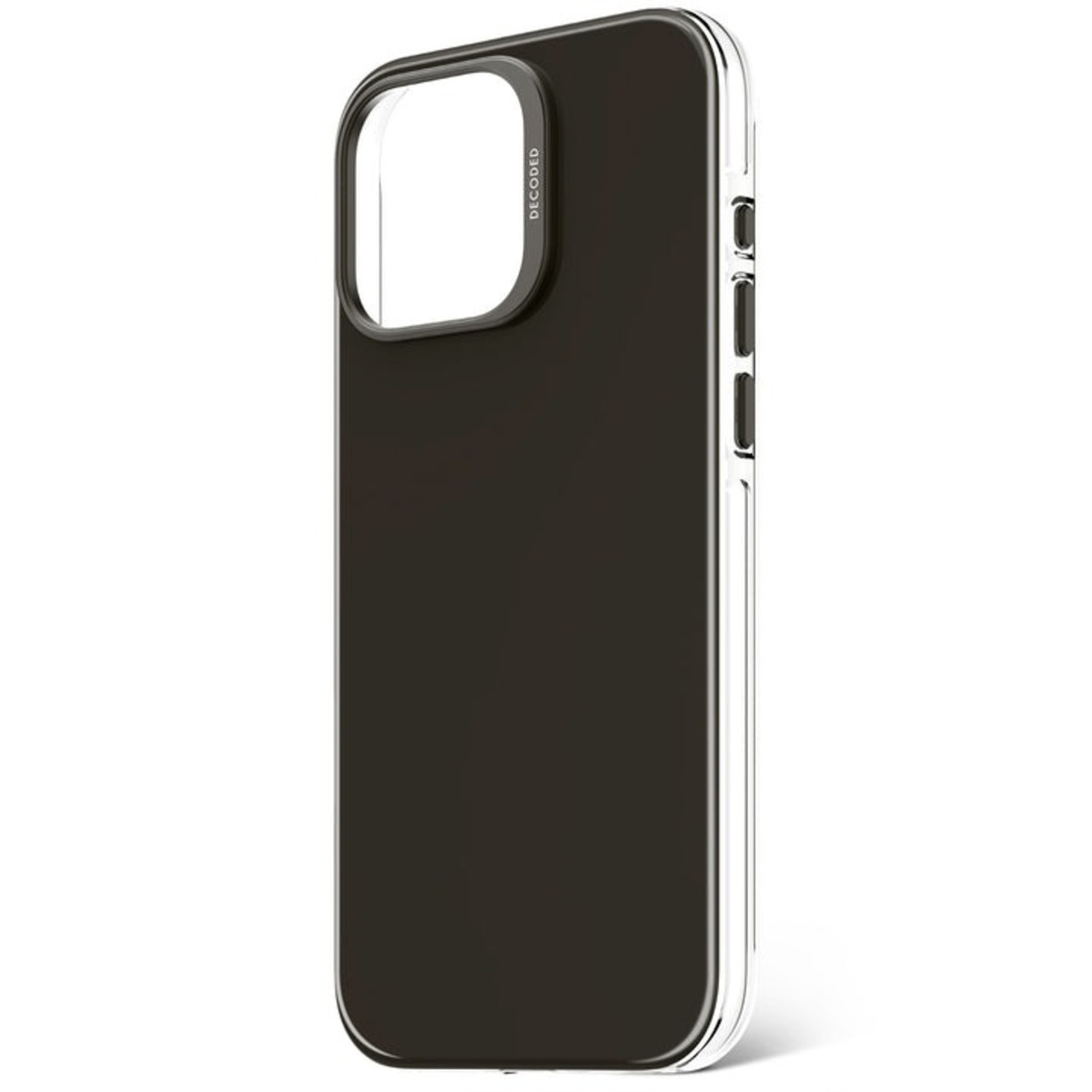 Een telefoonhoesje met zwarte achterkant, doorzichtige rand en 'DECODED' logo.