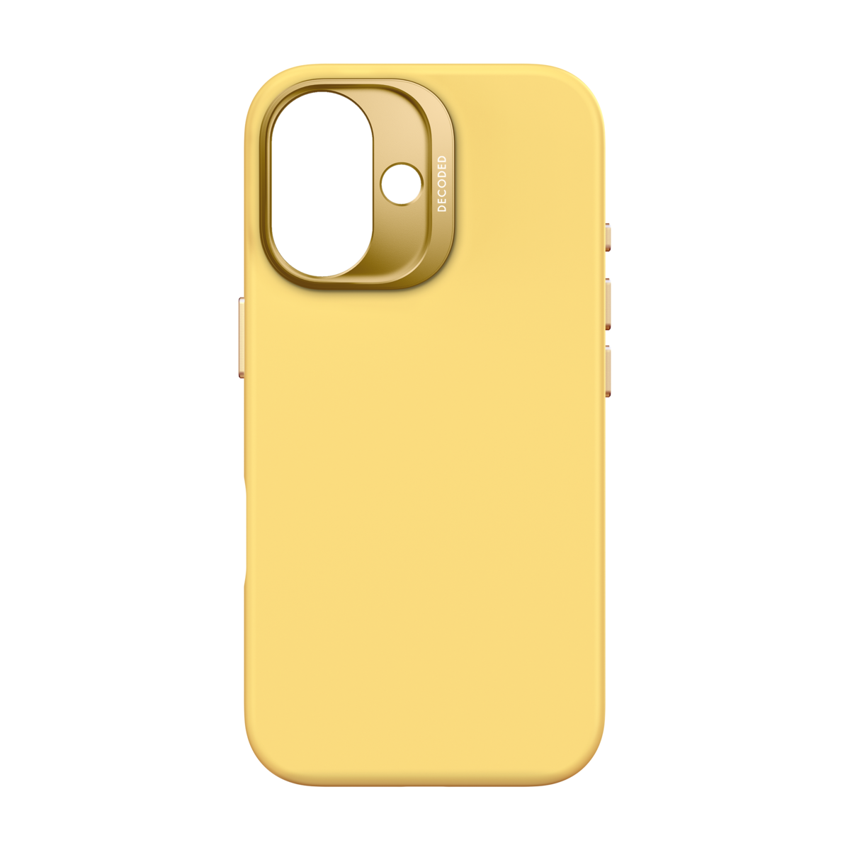 Gele telefoonhoes met een gouden camera-uitsparing.