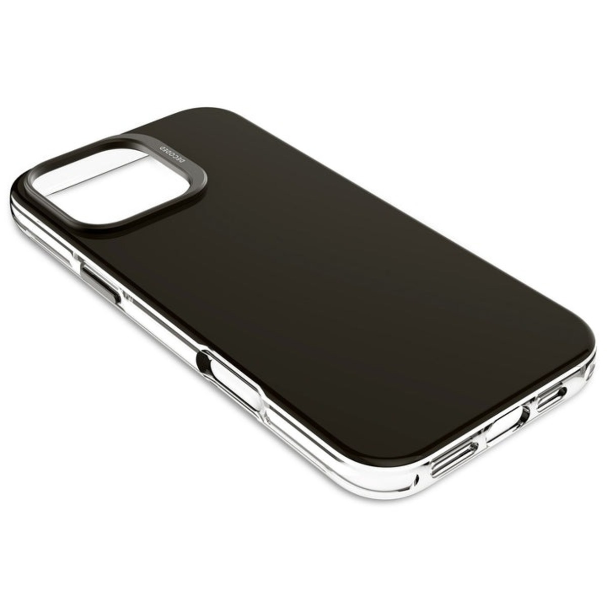 Zwart telefoonhoesje met een zilveren frame. Het hoesje is strak en modern, op een witte achtergrond.