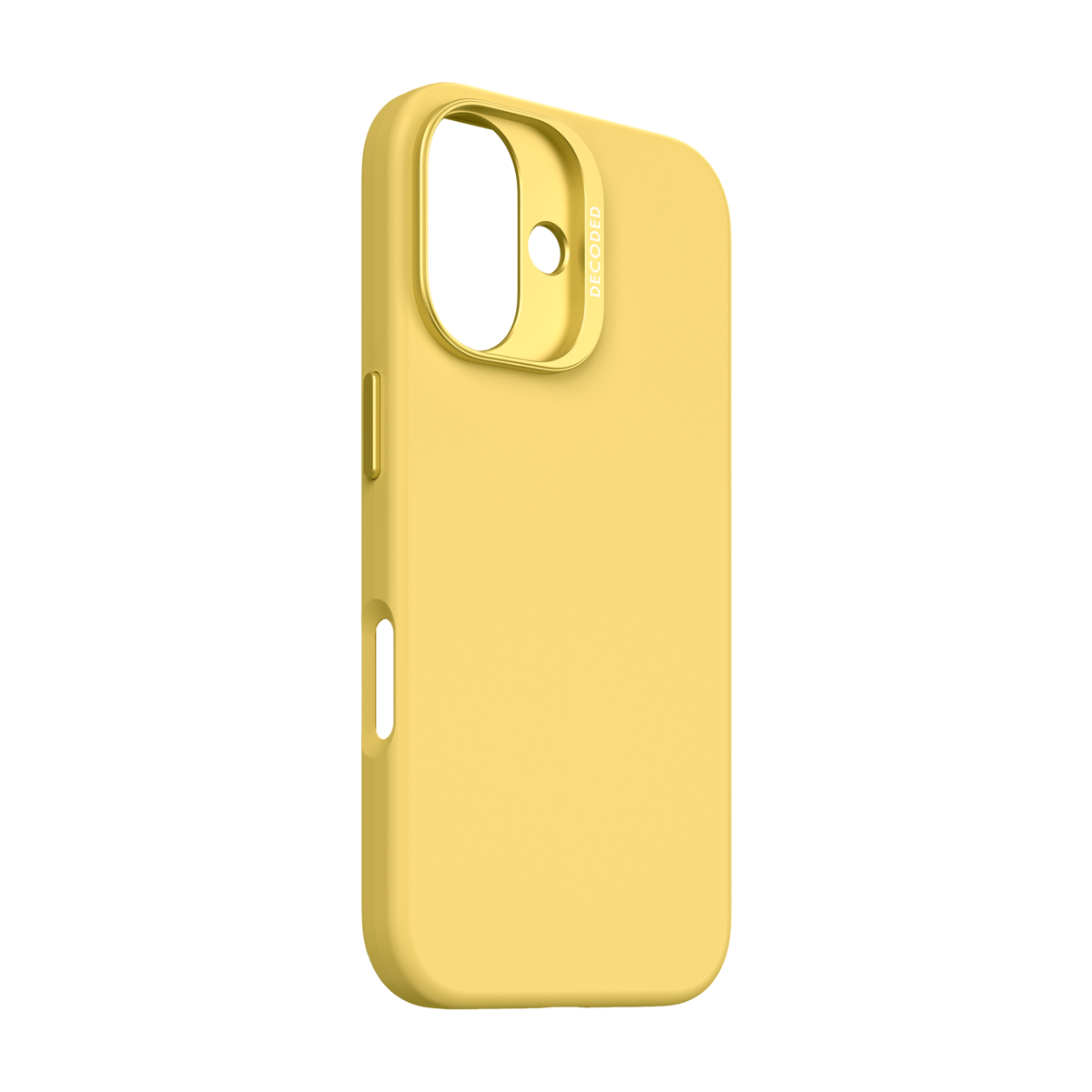 Gele telefoonhoes met cameraholte. Het woord DECODED staat op de zijkant.