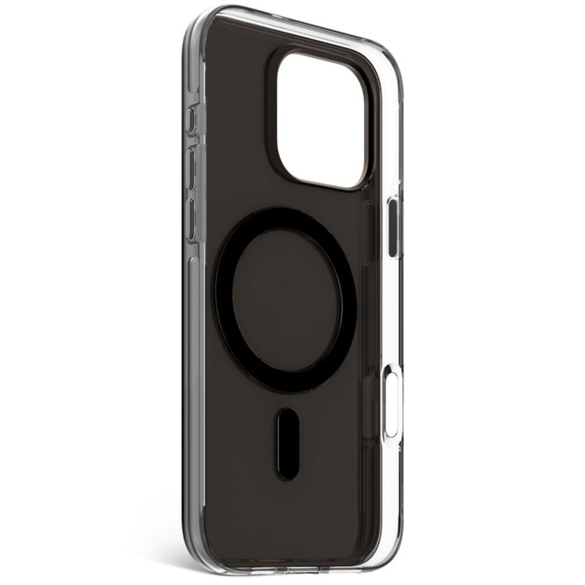 Doorzichtig telefoonhoesje met donkergrijze accenten en een MagSafe-oplaadring aan de achterkant.